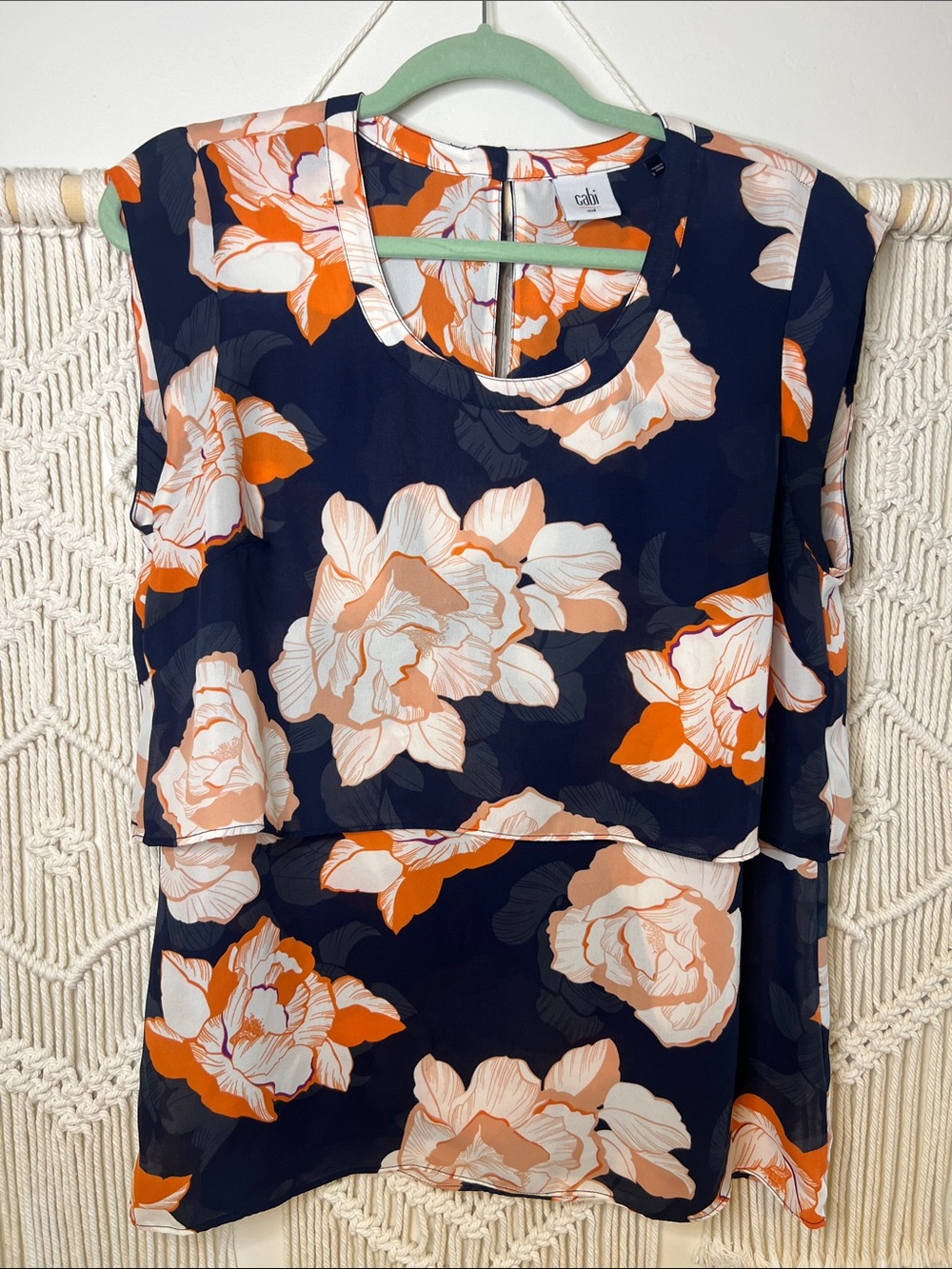 CAbi Navy Floral Sleeveless Blouse with Orange and Cream Blooms